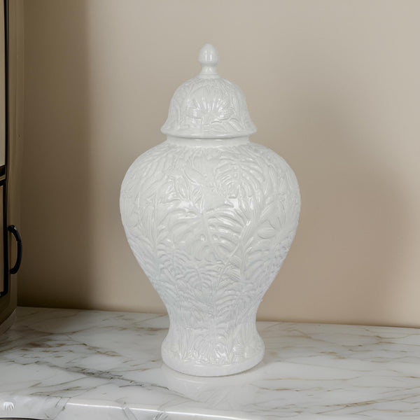 English Elm Deni White Ceramic Temple Jar with Embossed Texture and Removable Lid for Console Tables B056P416855