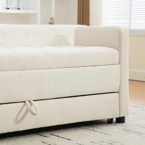 English Elm 58.27" Wide Napped Fabric Upholstered Storage Bench Rolled Armrest Caster Wheels Entryway Beige W3189P445990