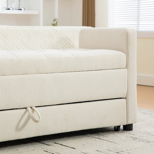English Elm 58.27" Wide Napped Fabric Upholstered Storage Bench Rolled Armrest Caster Wheels Entryway Beige W3189P445990