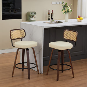 English Elm Set of 2 Rattan Counter Stools with Cane Back and PU Upholstery, 360° Swivel, Walnut Craftsmanship Beige W1143P300156