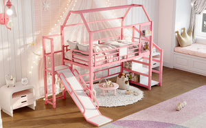 English Elm Twin House Loft Bed with Slide and Stairs, Metal Playhouse with Storage Shelves and Quiet Design Pink W1580S00349