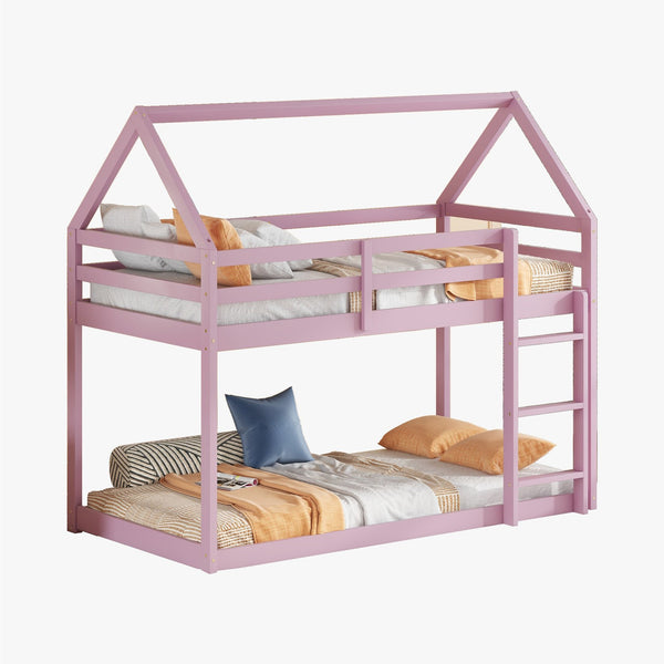 English Elm Twin Rubber Wood Floor Bunk Bed House-Shaped Design with Ladder Guardrails Sturdy Low-Profile Retreat Pink W504P206867