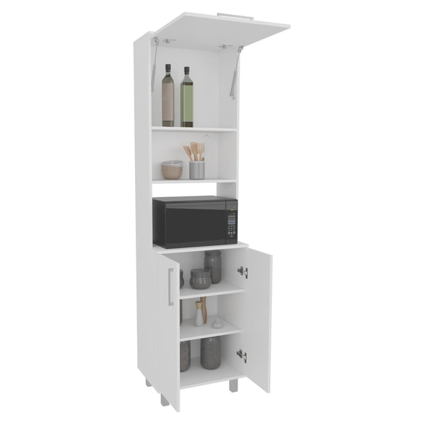 English Elm Bombona 80" High Double Cabinet Pantry with Six Shelves, Top Hutch Gas Spring Door, White MDF - Stylish Storage Solution B200S00414