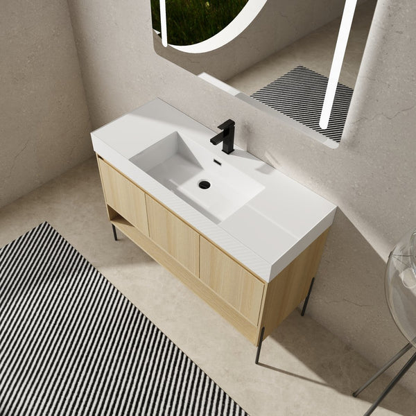 English Elm 48" Oak Bathroom Vanity Combo with One-Piece Resin Sink, Tripod Legs, Multi-Layer Solid Wood Cabinet W1972S00010