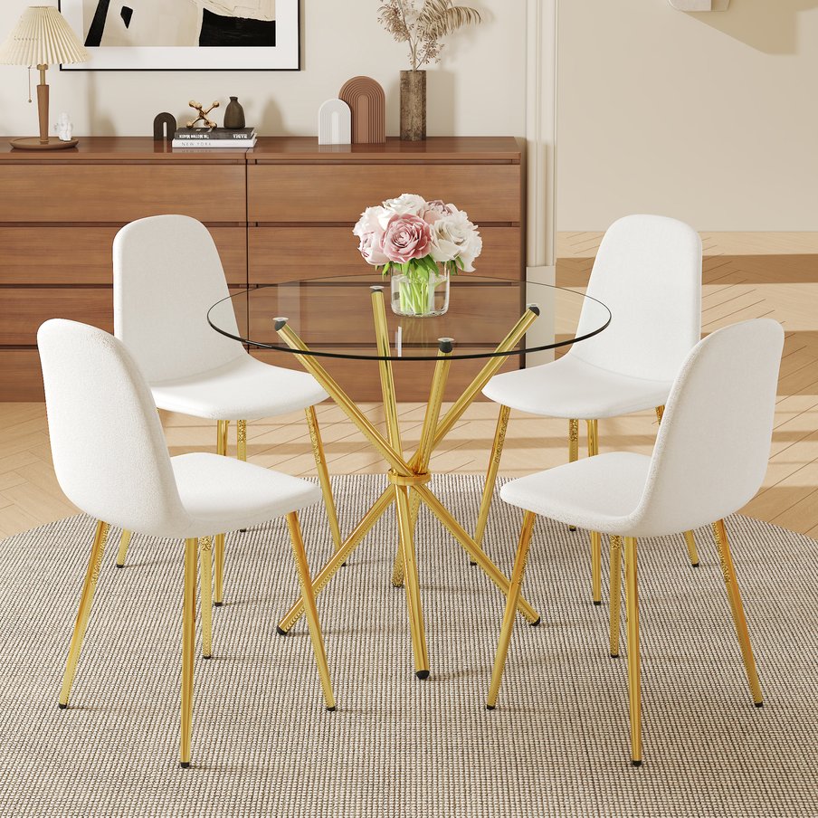 English Elm 4-Piece Modern Luxe Dining Set With Glass Table & Chic White-Gold Chairs For Stylish Interiors W1151S03683