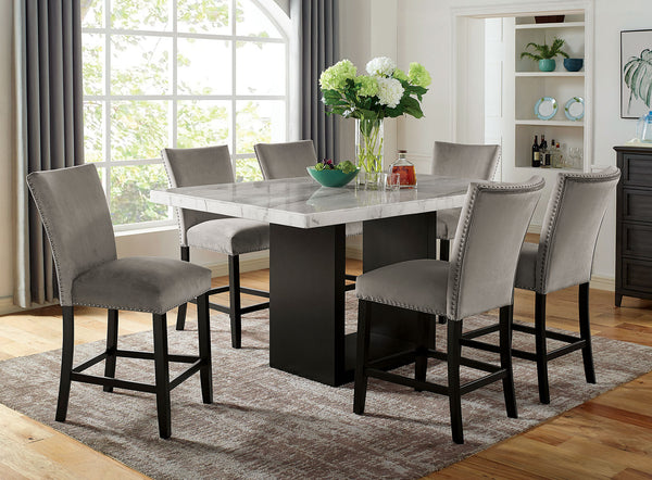 English Elm Genuine Marble Top Counter Height Dining Set with Six Nailhead Upholstered Chairs B2741S00766