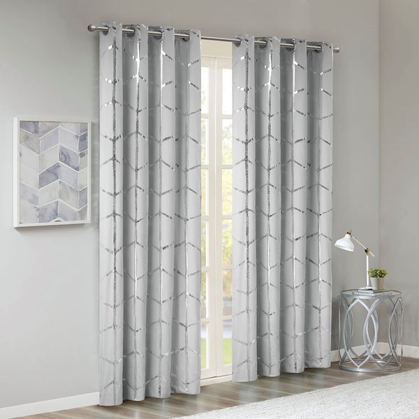 English Elm Total Blackout Metallic Raina Grommet Curtain Panel 50x84, Geometric Silver Print, Energy-Efficient 3-Pass Foamback Privacy Drapes B03596322
