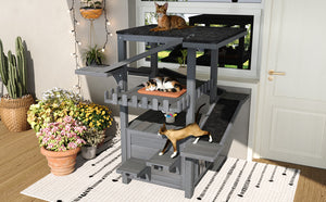 English Elm 4 Tier Outdoor Pine Cat Tower with Waterproof Roof Enclosed Den and Balcony Perch Grey N704P436318E
