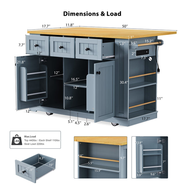 English Elm K&k 53 Inch Rolling Kitchen Island with Drop Leaf Power Outlet and Open Storage Racks Grey-Blue N707S185531G