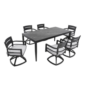 English Elm Modern 7-Piece Outdoor Aluminum Dining Set With Swivel Rockers & Elegant Sintered Stone Tabletop W1886S00019