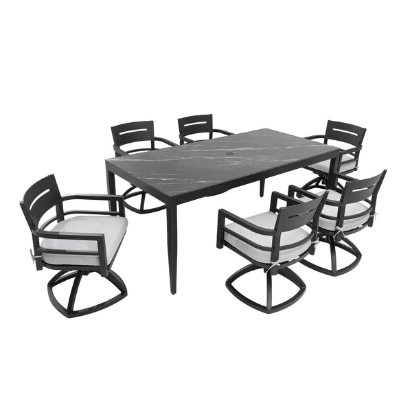 English Elm Modern 7-Piece Outdoor Aluminum Dining Set With Swivel Rockers & Elegant Sintered Stone Tabletop W1886S00019