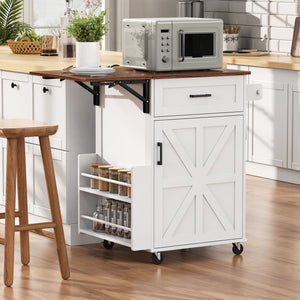 English Elm K&k Farmhouse Rolling Kitchen Cart with Drop Leaf Drawer Open Rack Lockable Wheels White N707P404539W
