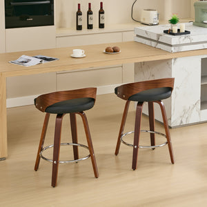 English Elm Bar Stools Set of 2 Mid-century Swivel Walnut Wood Frame with Cushioned Seat Black Pu W1143P173431