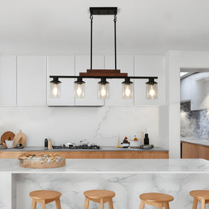 English Elm 37" Farmhouse Industrial 5-Light Pendant Light Walnut & Black Iron Wood Chandelier with Glass Shades Adjustable Height for Kitchen Dining (No Bulbs) W1340P206717