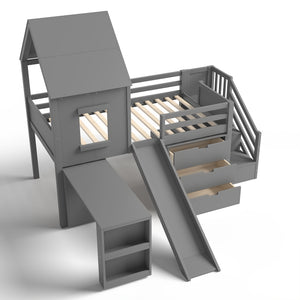 English Elm Full Size Metal Loft Bed with Stair Storage Shelves Bookshelf for Dorms Bedroom W1580S00396
