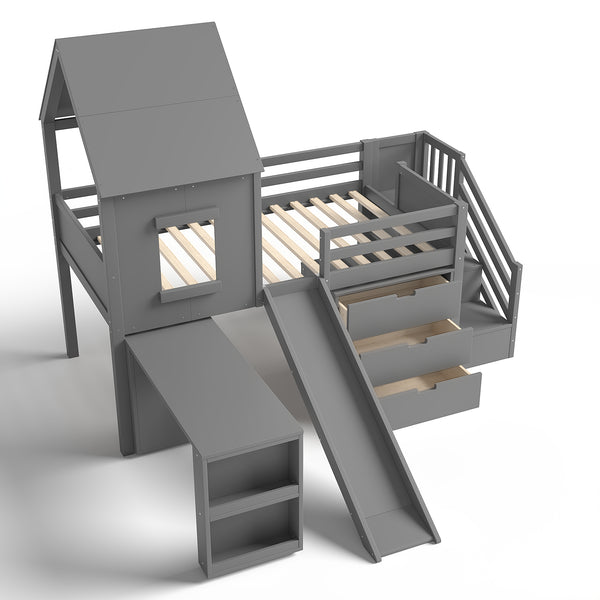 English Elm Full Size Metal Loft Bed with Stair Storage Shelves Bookshelf for Dorms Bedroom W1580S00396