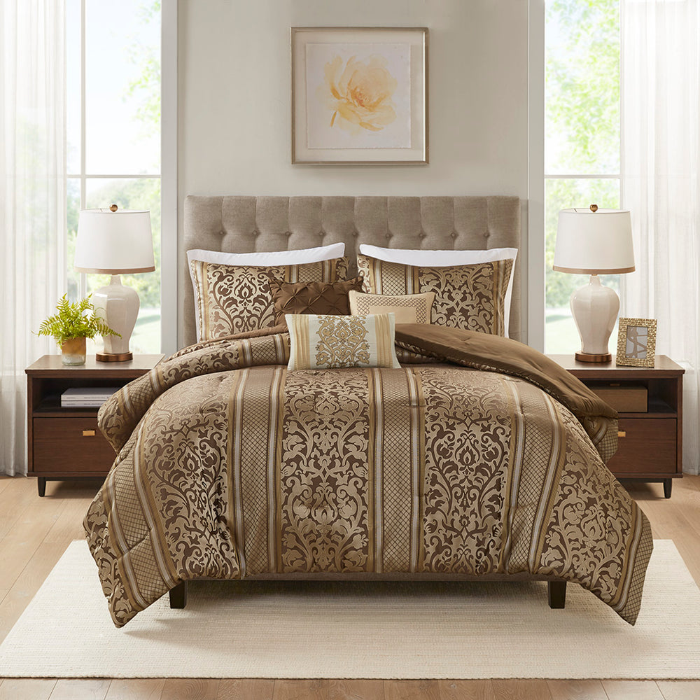 JLA Home Madison Park - 6 Piece Jacquard Comforter Set Elevates Bedrooms with Ornate Leaf Ironwork, Pintucks, Hypoallergenic Comfort 90 L x 90 W x 1.5H MP10-8404