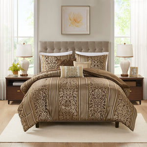 JLA Home Madison Park - 6 Piece Jacquard Comforter Set Elevates Bedrooms with Ornate Leaf Ironwork, Pintucks, Hypoallergenic Comfort 90 L x 90 W x 1.5H MP10-8404