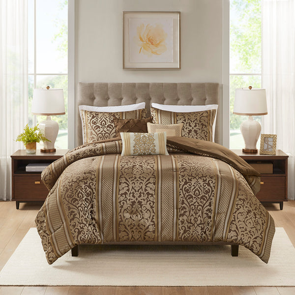 JLA Home Madison Park - 6 Piece Jacquard Comforter Set Elevates Bedrooms with Ornate Leaf Ironwork, Pintucks, Hypoallergenic Comfort 90 L x 90 W x 1.5H MP10-8404
