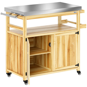 English Elm Outsunny Outdoor Kitchen Cart Solid Wood Steel Top Cabinets Spice Rack on Wheels W2225P485588