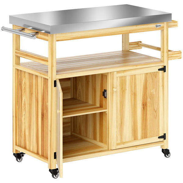 English Elm Outsunny Outdoor Kitchen Cart Solid Wood Steel Top Cabinets Spice Rack on Wheels W2225P485588