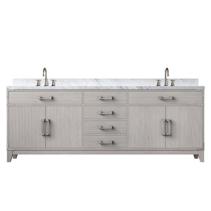 English Elm White Oak Double Bath Vanity 84" W With Carrara Marble Top, Chrome Faucet Set & Ample Storage Solutions B2731P259987-GIGA