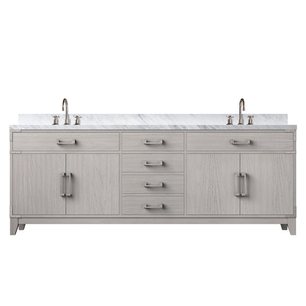 English Elm White Oak Double Bath Vanity 84" W With Carrara Marble Top, Chrome Faucet Set & Ample Storage Solutions B2731P259987-GIGA