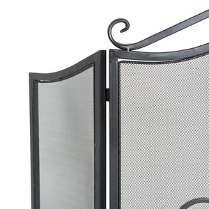 English Elm Onyx 3-panel Forged Iron Fireplace Screen with Fleur-de-lis Scrollwork Matte Black N775P386819B