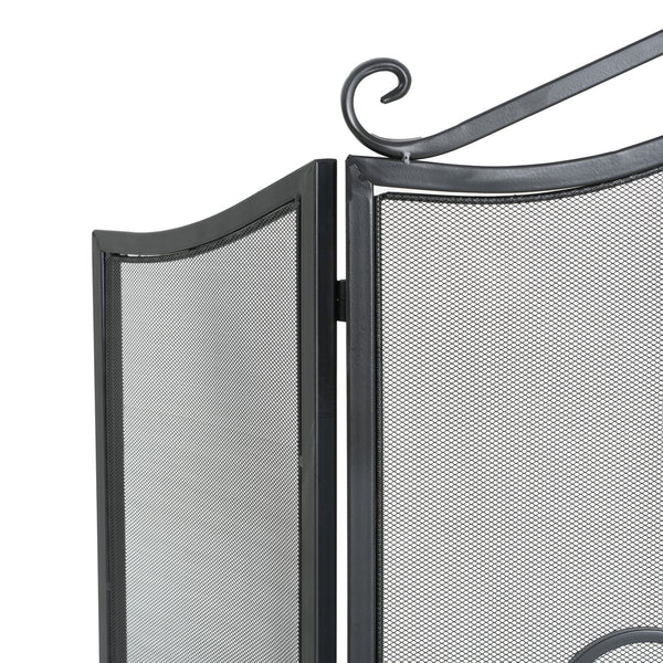 English Elm Onyx 3-panel Forged Iron Fireplace Screen with Fleur-de-lis Scrollwork Matte Black N775P386819B