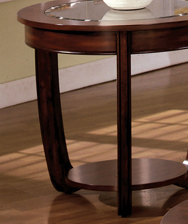 English Elm Dark Cherry Round End Table Beveled Glass Top Open Shelf Transitional Living Room B011P246325