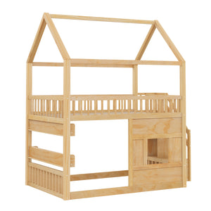English Elm Full Size Solid Wood House Bed with Led Shelf Lighting for Kids Bedroom Natural N7500005026N