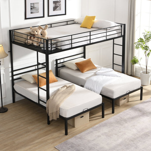 English Elm Full Metal Triple Bunk Bed Full over Twin over Twin with Vertical Ladder, Safety Rails & Shelf Black W2297S00026