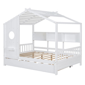 English Elm Wooden Full Size House Bed with Trundle and Built-In Shelves — Modern Pine Frame, Whimsical Roof Design White 57.2 L x 16.25 W x 5.9 H N733S316125K