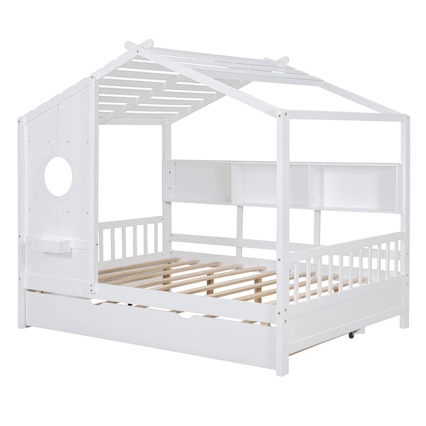 English Elm Wooden Full Size House Bed with Trundle and Built-In Shelves — Modern Pine Frame, Whimsical Roof Design White 57.2 L x 16.25 W x 5.9 H N733S316125K