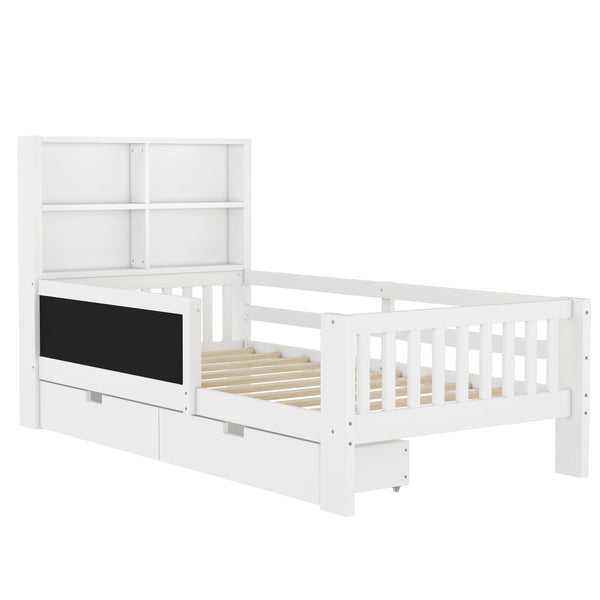 English Elm Twin Chalkboard Platform Bed with Drawers & Shelves, Solid Wood Kids Bed with Storage and Creative Headboard White W1580P362704