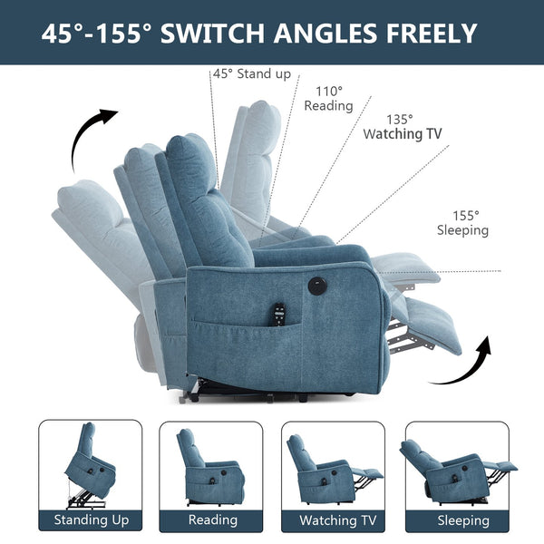 English Elm Beige Chenille Power Lift Recliner with Massage Heat and Usb for Senior Comfort Blue W1803P364113