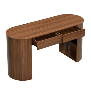 English Elm Storage Writing Desk with Curved Base Open Shelves and Drawers for Home Office Dark Walnut N757P306285D