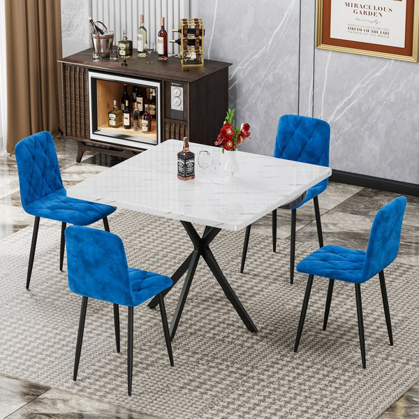 English Elm Square MDF Dining Set for 4 with Faux Marble Top, Mid-Century Modern Iron Legs, Easy-Clean Surface White+Blue W578S00022