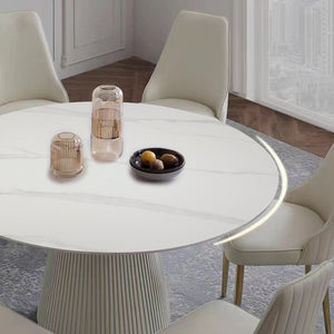 English Elm 53 Inch Round Sintered Stone Dining Table Set Six Chairs Stainless Pedestal Base W509S00174