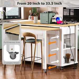 English Elm K&k Farmhouse Kitchen Island Extendable Table Rubber Wood Veneer Built-in Charging Storage White N707S215327W