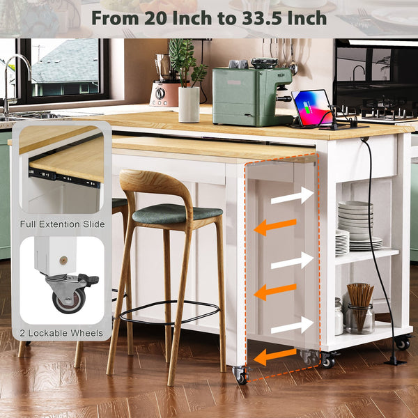 English Elm K&k Farmhouse Kitchen Island Extendable Table Rubber Wood Veneer Built-in Charging Storage White N707S215327W