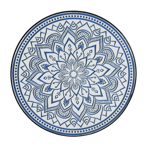 English Elm Outdoor Mosaic Ceramic Tile Round Side Table with Curved Wrought Iron Patio Accent Black,Blue,White N773P365597B