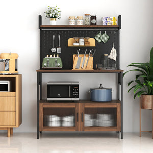 English Elm Kitchen Bakers Rack with Pegboard, Microwave Stand & Glass Doors — Adjustable Shelves, Water-Resistant Storage for Small Spaces and Organized Kitchens W331P283643