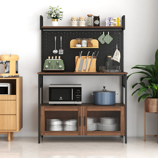 English Elm Kitchen Bakers Rack with Pegboard, Microwave Stand & Glass Doors — Adjustable Shelves, Water-Resistant Storage for Small Spaces and Organized Kitchens W331P283643