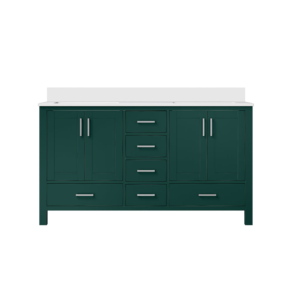 English Elm Green Double Bath Vanity 60in W x 22in D with Cultured Marble Top, Solid Wood, Soft-Close Drawers B2731P259095