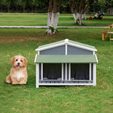 Waterproof Wooden Dog House with Porch, Log Cabin Style, Elevated Floor, 2 Doors, Blue+Green