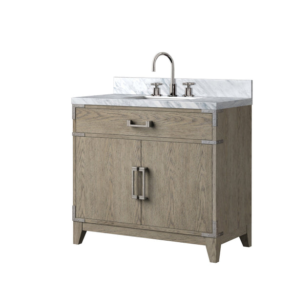 English Elm Grey Oak Single-Sink Vanity With Hand-Finished Carrara Marble Top & Polished Chrome Faucet Set B2731P259797