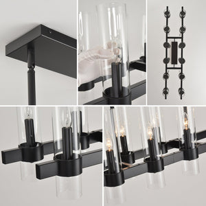 English Elm Black Linear Chandelier 12 Light Seeded Glass Farmhouse Fixture for Dining Rooms W5008P392744