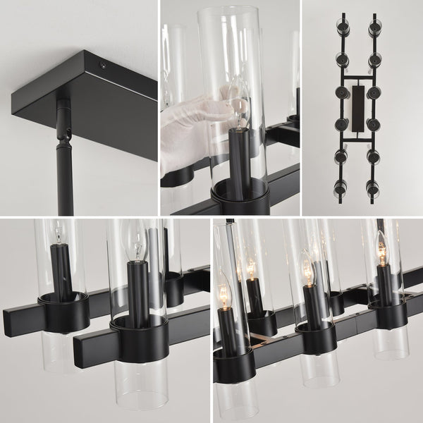 English Elm Black Linear Chandelier 12 Light Seeded Glass Farmhouse Fixture for Dining Rooms W5008P392744