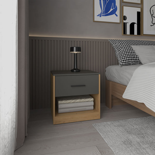 English Elm Alder Modern 19.7" One Drawer Nightstand with Open Shelf, Durable MDF, Compact Storage Solution B200P286964